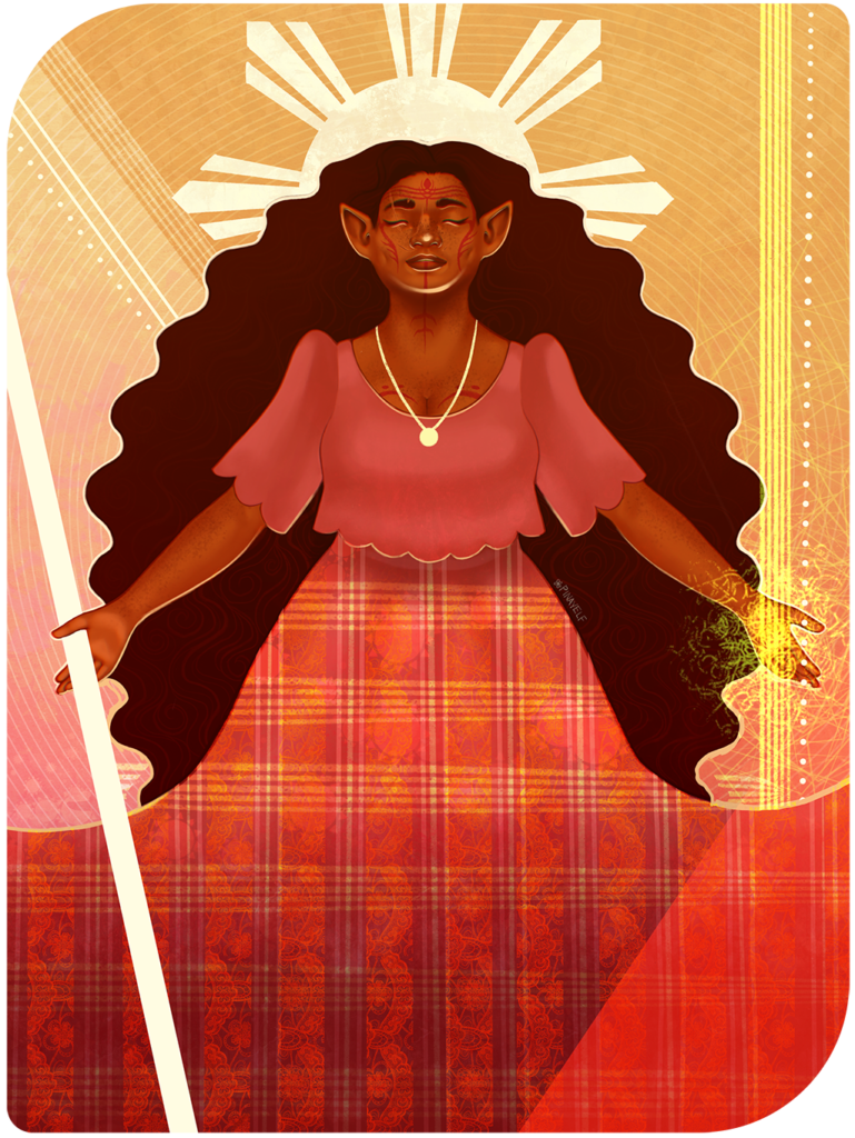 Tarot card art of an elven character in warm sunset colors