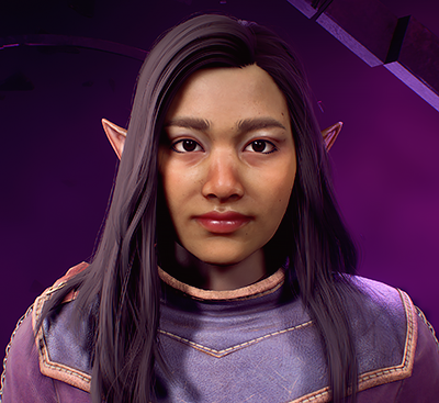 a portrait of an elf from Dragon Age: The Veilguard. She is Filipino, has tan skin, medium length black hair and brown eyes. She is smiling at the camera and stands against a purple background